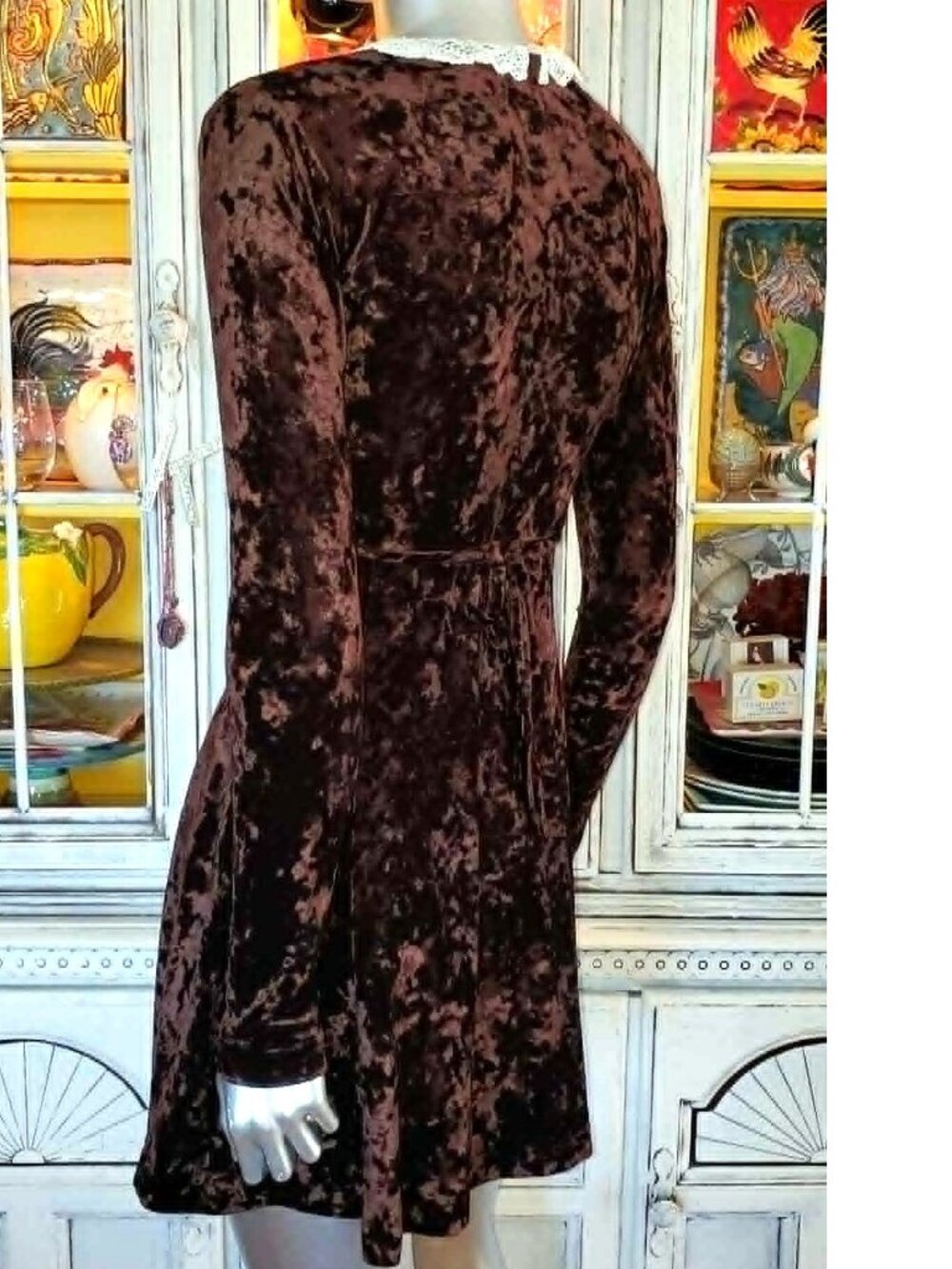 Vintage Betsey Johnson 90s Y2K Brown Crushed Velvet Victorian Pearl Skater Dress - Picture 8 of 15